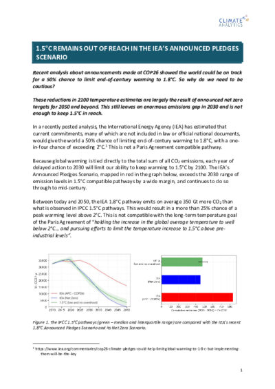 1.5°C remains out of reach in the IEA's Announced Pledges Scenario