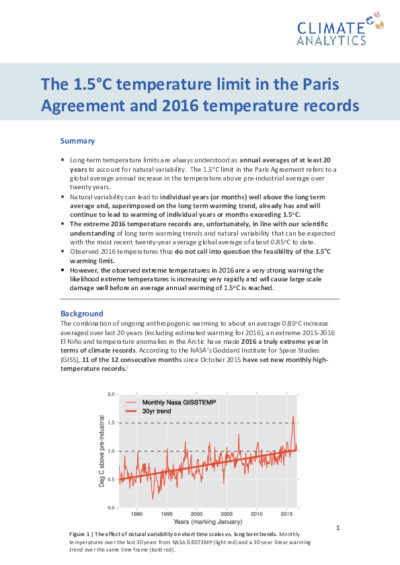 The 1.5°C temperature limit in the Paris Agreement and 2016 temperature records