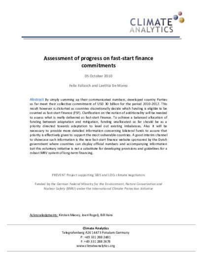 Assessment of progress made on fast-start finance commitments