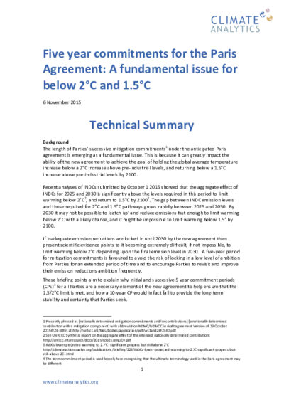 Five year commitments for the Paris Agreement: a fundamental issue for below 2°C and 1.5°C