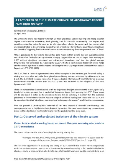A fact check of the Climate Council of Australia’s report “Aim High Go Fast”