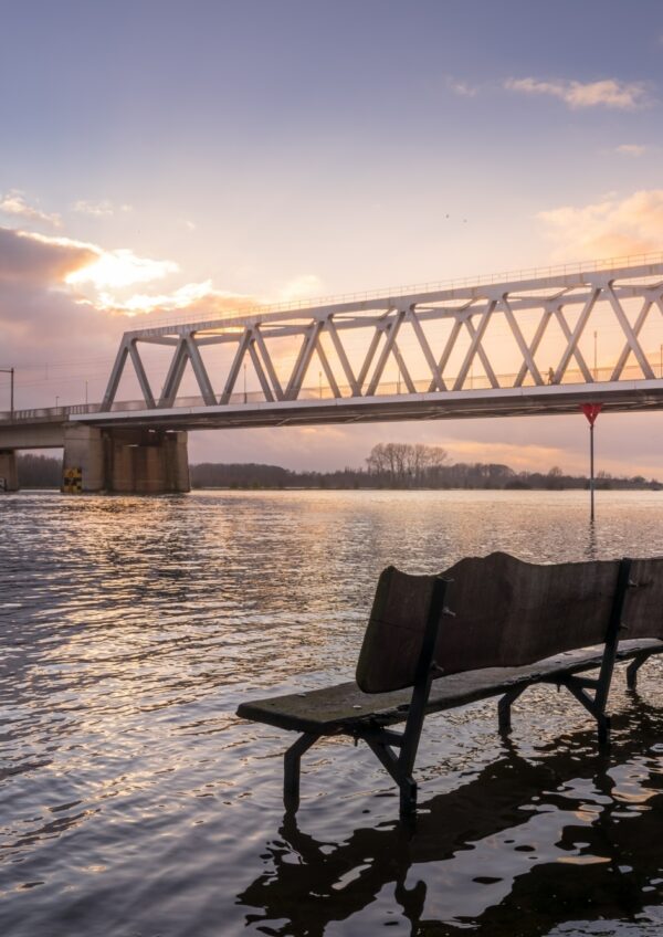 Bench in water with bridge in the background in Deventer, The Netherlands
