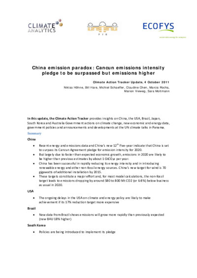 China emission paradox: Cancun emissions intensity pledge to be surpassed but emissions higher