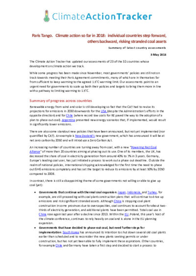 Paris Tango. Climate action so far in 2018: individual countries step forward, others backward, risking stranded coal assets