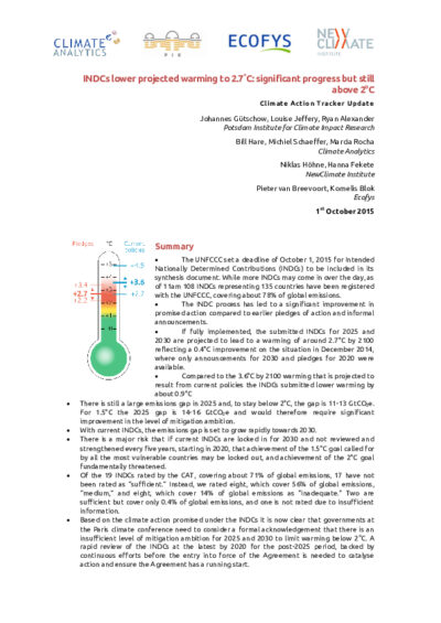 INDCs lower projected warming to 2.7°C: significant progress but still above 2°C