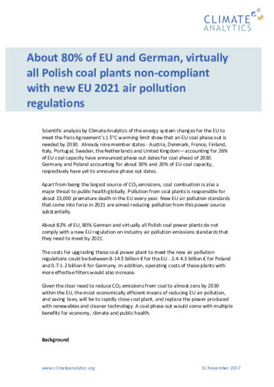 About 80% of EU and German, virtually all Polish coal plants non-compliant with new EU 2021 air pollution regulations