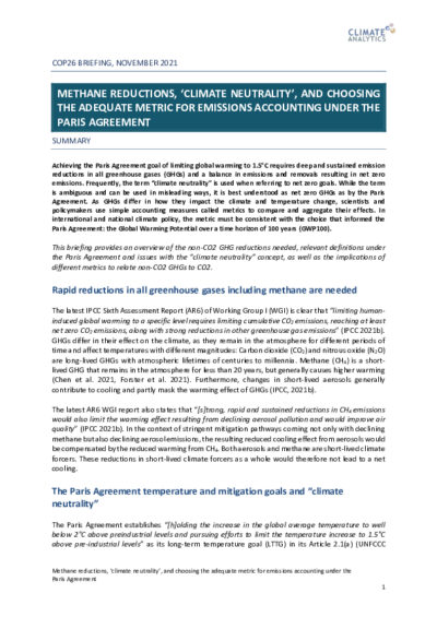 Methane reductions, ‘climate neutrality’, and choosing the adequate metric for emissions accounting under the Paris Agreement