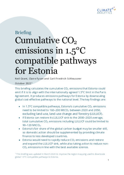 Cumulative CO2 emissions in 1.5°C compatible pathways for Estonia