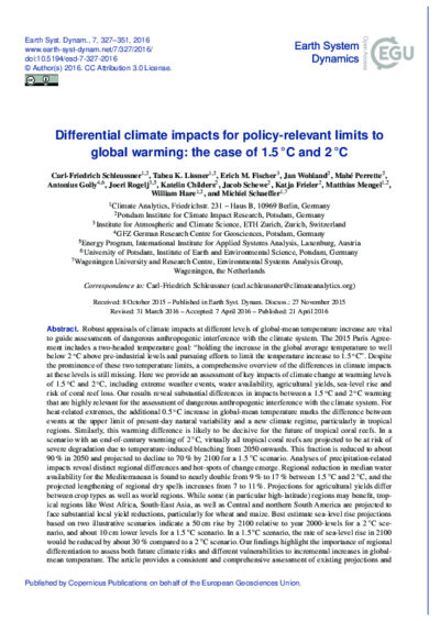 Differential climate impacts for policy-relevant limits to global warming: the case of 1.5°C and 2°C