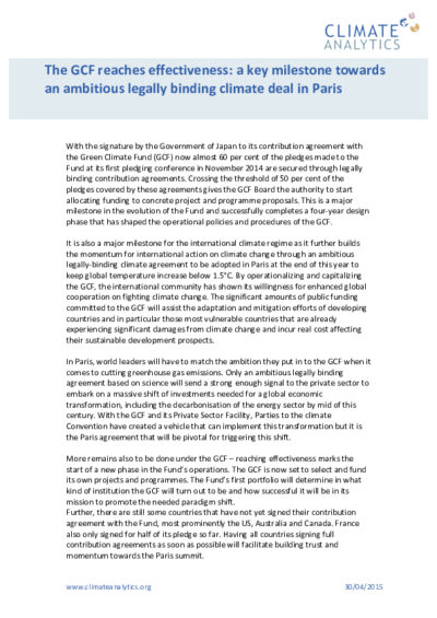 The GCF reaches effectiveness: a key milestone towards an ambitious legally binding climate deal in Paris