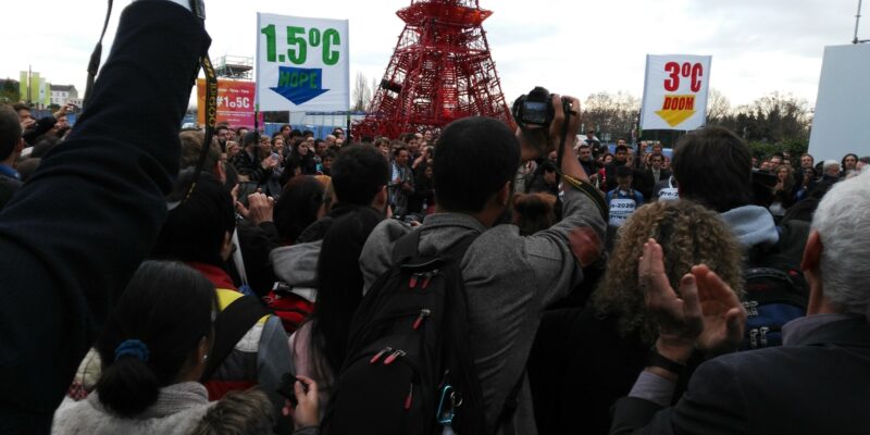 Civil society demonstration in support of 1.5°C temp limit during Paris Climate Summit in Dec 2015.