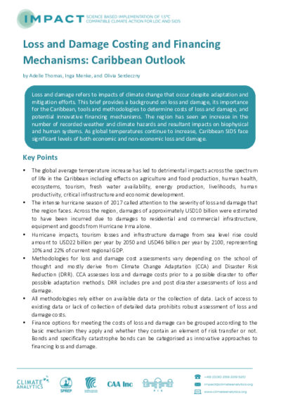 Loss and damage costing and financing mechanisms: Caribbean outlook