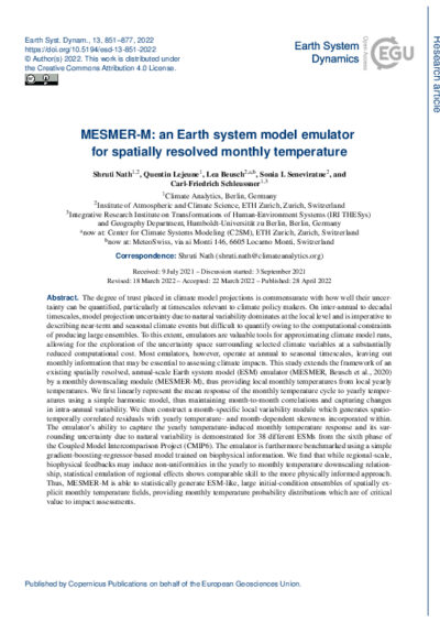 MESMER-M: an Earth system model emulator for spatially resolved monthly temperature