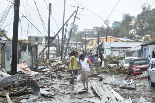 A devastated street of Roseau, Dominica after Hurricane Maria (2017)