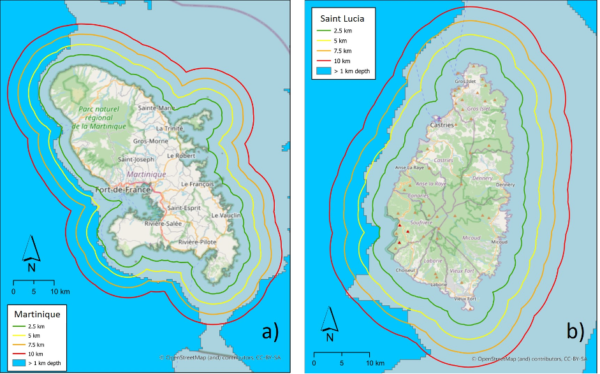 Maps of Martinique and Saint Lucia. Blue represents water deeper than 1000m.